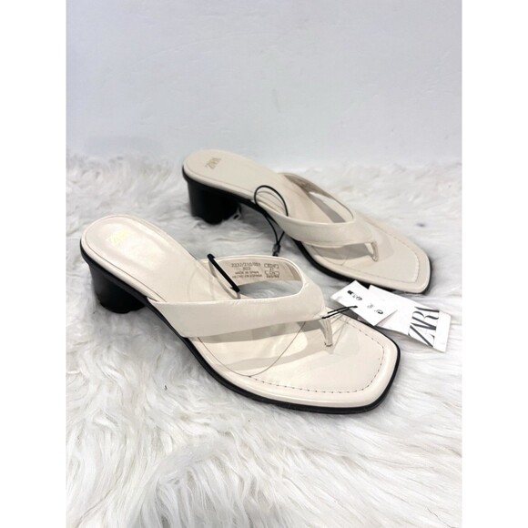Zara Strappy Toe Block Heeled Leather Sandals Off White Thong Women US 10 EUR 41 - Picture 1 of 11